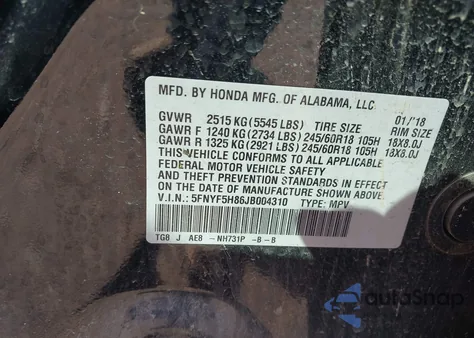 2018 Honda Pilot Ex-L из США, поврежденный, VIN 5FNYF5H86JB004310